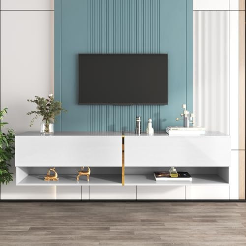 BTM Meuble TV Mural, Meuble TV avec Rangement vec d'élégantes Bandes de Bordures dorées, Meuble TV Chambre avec 2 Portes et 2 espaces de Rangement Ouverts, 172x35x 40 cm, Banc TV Blanc