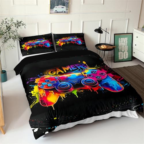 Set De Housses De Couette Ado Gamer, 3D Gaming Deco Chambre, Console De Jeu Graffiti, Parure De Lit Garçon Adulte, Housse De Couette Et Taies D'oreillers Pour Lit 1/2 Personne (Navy,220x240cm)
