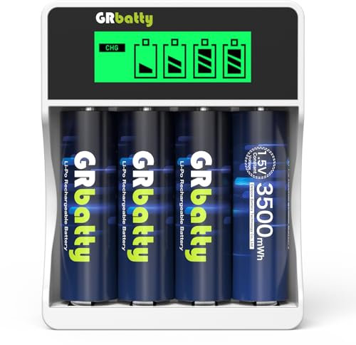 GRbatty Pile AA Rechargeable 1,5V Lithium 3500mWh,Lot de to 4 Pile Rechargeable AA avec Chargeur 1,5 Heures de Charge Rapide 1500 Cycle