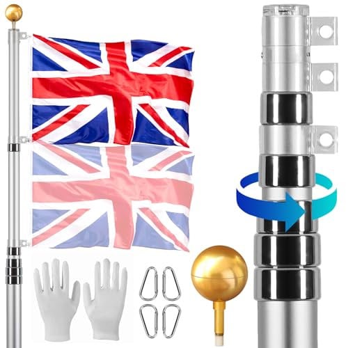 VEVOR 30FT Telescopic Flagpole Kit, Heavy Duty Aluminum Alloy Flag Pole Kit in Ground for Outside, 3 Display Modes Flagpole with Professional Accessories, British Flag, Silver