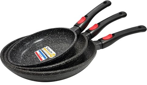 Cflagrant® Lot de 3 Poêles Façon Pierre sans PFOA Diamètre : 20/24/28 cm Tous Feux dont Induction Cuisson sans Matière Grasse Revêtement en Greblon C3 ou C3+ de Technologie Allemande (Revêtement C3+)