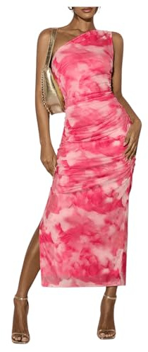 SweatyRocks Damen Kleid Elegant Rüschen Kleid mit Schlitz One Shoulder Kleider Urlaubskleid Ärmellos Freizeitkleid Heißes Pink M