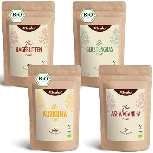 Goldene Milch Mischung 4er Bio Set | 3x500g, 1x250g | das Vorrats-Paket für die perfekte Goldene Milch | mit Kurkuma-, Gerstengras-, Hagebutten- und Ashwagandha Pulver | vom Achterhof