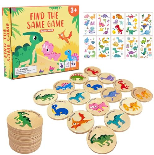 Ludihive Dinosaurs Matching Pairs Memory Game, 24 Pcs Pairs Memory Game, Toddler Wooden Board Games, Montessori Toys for 3+ Year Olds with 10 Pcs dinosaur stickers
