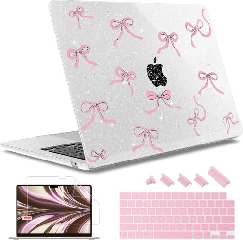 May Chen for M4 MacBook Air 15 inch Case A3241 A3114 M3 A2941 M2 2025 2024 2023 Release, Plastic Hard Shell for MacBook Air 15.3 with Retina Dispaly Fits Touch ID, Clear Glitter Bow