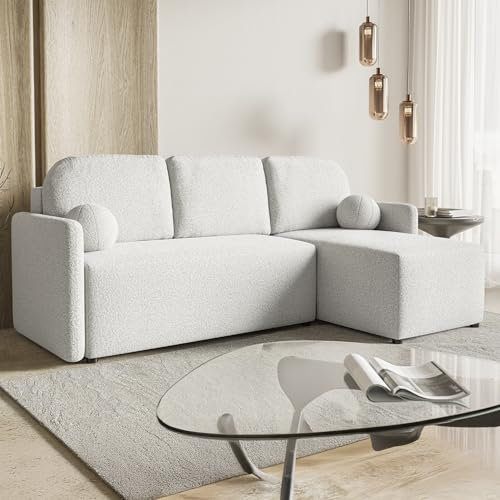 MOTIVENA Madera Ecksofa mit Schlaffunktion und Bettkasten, Sofa L Form, Eckcouch mit Schlaffunktion, Sofa 3 Sitzer, Schlafsofa mit Bettkasten, L Couch, Cloud Couch L Form, Boucle Sofa Beige
