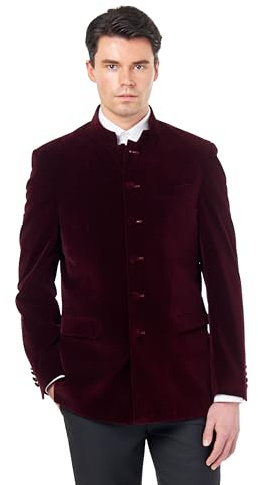Men’s Burgundy Velvet Smoking Nehru Jacket Classic Chinese Grandad Collar Wedding Party Blazer [BLZ-HARSHIL-Burgundy, UK/US 50 EU 60]