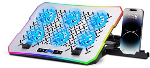 NK Base di raffreddamento portatile da 17 - 10 modalità luci LED RGB, 6 ventole silenziose con velocità regolabili, 4 altezze regolabili, porta USB, telefono holder, raffreddamento rapido