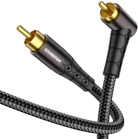SOUNDFAM 90-Grad RCA-Kabel 1M, Rechtes-Winkel-Subwoofer-Kabel [24K Goldplattierung, Baumwollgeflecht] für Subwoofer, DVD, Verstärker, Heimkino (Schwarz)
