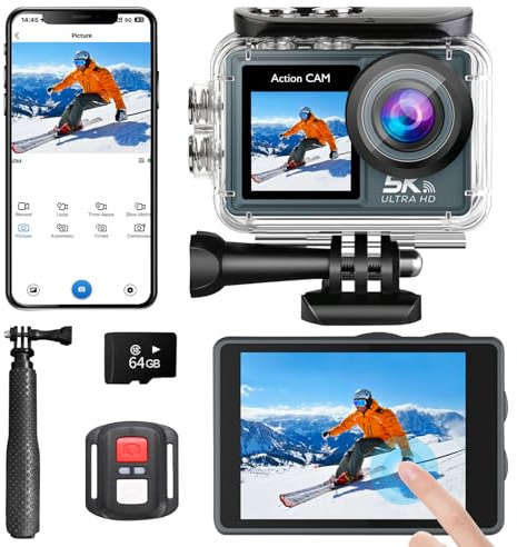 Vrebrey Action Kamera 5K 30FPS 20MP Wasserdichte Kamera 30FT Unterwasser EIS Sport Cam mit Touchscreen, 170° Weitwinkel, Fernbedienung, WLAN, 5X Zoom für Schnorcheln, Tauchen, Radfahren und Vlogging