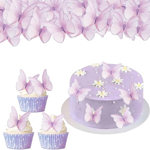 Gleevio Essbare Schmetterlinge für Torte Lila,48 Stück Schmetterling Tortendeko Essbar,Esspapier Schmetterlinge Deko Torte,Muffin Deko Essbar,Schmetterling Kuchendeko für Geburtstag Hochzeit Babyparty