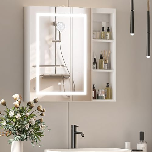 Mepplzian Bathroom Mirror Cabinet,Led Mirrored Bathroom Cabinets Wall Mount | Built in Three-Pin Socket,USB,Shaver Socket,Demist,3 Color,Open Shelf,Touch Control,Memory Lighted,70x70
