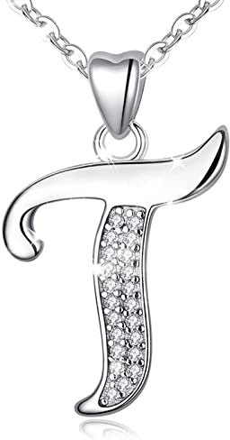 AEONSLOVE Damen Buchstaben Kette Silber Halskette Buchstabe T Kette Mit Buchstaben Brief des Alphabets Initiale Anhänger mit Zirkonia Schmuck Geschenk für Mädchen