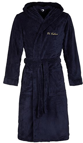 Di Vadini Unisex Herren Damen Bademantel Florenz mit Kapuze I Morgenmantel flauschig I Nachtwäsche aus edler Mikrofaser Farbe: Navy-Gold Gr. 4XL