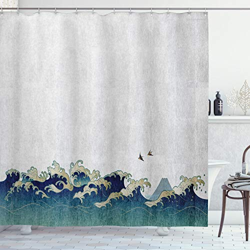 ABAKUHAUS Japanische Welle Duschvorhang, Aquatic-Strudel, Stoffliches Gewebe Badezimmerdekorationsset mit Haken, 175 x 200 cm, Creme Blau Grau
