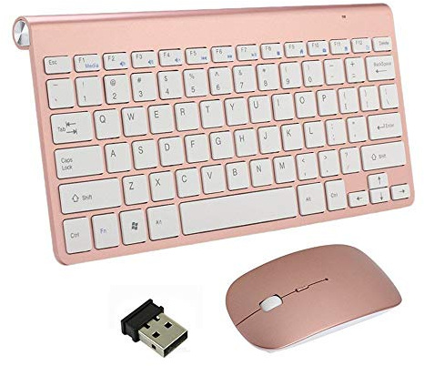 Wireless Keyboard & Mouse, Portable Wireless Keyboards and Mouse Combo 2.4G Full-size Quiet DPI Adjustable Mouse for Windows, Mac OS, Laptop Smart TV-UK Layout (Rose Gold)