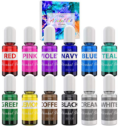 Alcohol Ink Set - 12 x 0.35oz Colors Alcohol Based Ink for Epoxy Resin Painting, Resin Petri Dish Making, Resin Art - Concentrated Alcohol Paint Color Dye for Coaster, Yupo, Tumbler Making - 10ml Each