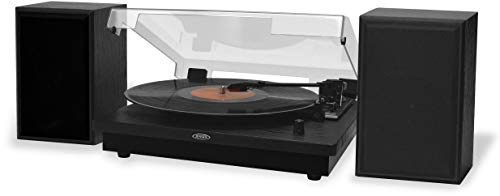 JENSEN JTA-315 Vinyl Record Player 3 Speed Turntable with Speakers and Dual Bluetooth Transmit/Receive, Black
