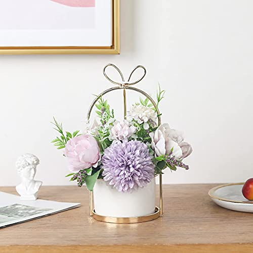 Hobyhoon Künstliche Blumen im Topf, Unechte Deko kunstblumen wie echt Gefälschte Hortensien seidenblumen für Hochzeitsdeko, Tischdeko, Wohnzimmer, Schlafzimmer, Zimmer Deko (Marmortopf - Pink)