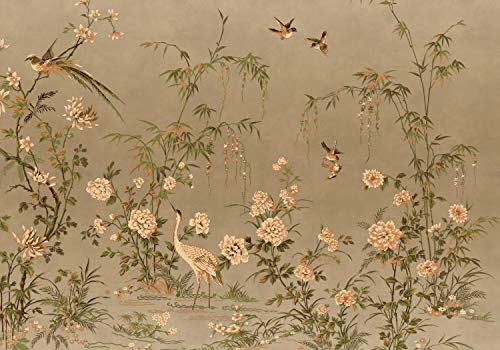 wandmotiv24 Fototapete Bambus Vögel Vintage, XXL 400 x 280 cm - 8 Teile, Wanddeko, Wandbild, Wandtapete, China Zeichnung Vogel grün retro M6723