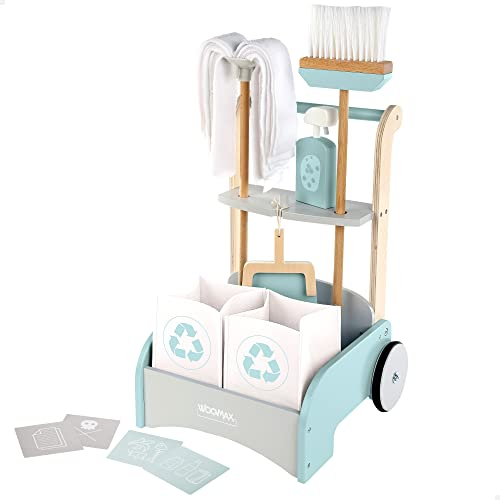 WOOMAX - Chariot de Nettoyage pour Jouet, Chariot en Bois, Balai et ramasseur, Chariot de Nettoyage pour Enfants, Jouets de Maison, Jouets en Bois, 10 pièces, 3 Ans
