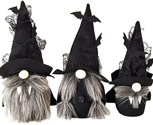 3er-Pack Halloween Gnom Ornamente, Schwarze Vampirfamilie mit Fledermaus-Hut-Reißzähnen Plüsch gesichtslosen Puppen-Dekor Schwedischer Tomte-Tisch-Hexen-Deckel-Zubehör handgefertigter Elfen-Zwerg