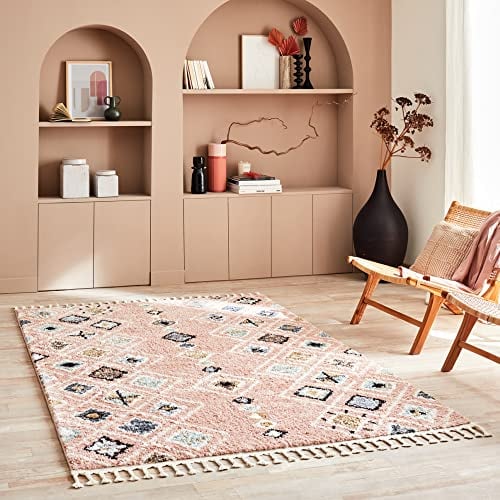 Nazar Tapis Berbere Salon, Tapis Berbere a Franges, Tapis Shaggy, Tapis Berbere Multicolore, Motifs Losanges géométriques, Lavable, Moelleux, Poils Longs, Tapis Berbere (160x230 cm, 3144 Rose)