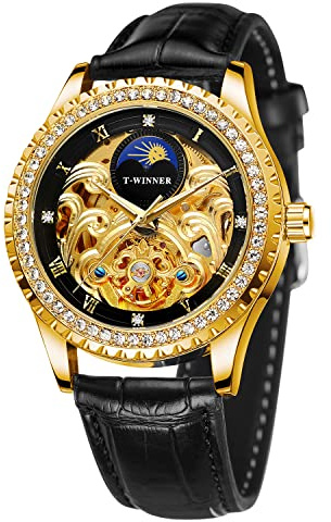 Forsining Herren-Armbanduhr wasserdicht automatisch selbstaufziehend Mondphase Diamant-Zifferblatt Lederband Tourbillon-Armbanduhr
