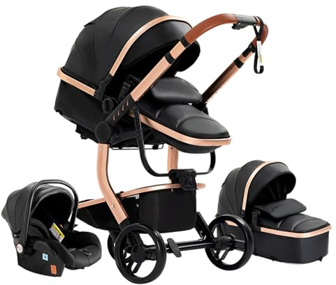 Prokoke PU-Leder Kinderwagen 3 in 1, Buggy Einem Klick Faltbar, Kombikinderwagen 3 in 1 mit Umkehrbarem Zwei-Wege-Schub, Kinderwagen Rahmen Aluminiumlegierung Baby Kleinkind Neugeborene (NoirGold 518)