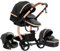 Prokoke PU-Leder Kinderwagen 3 in 1, Buggy Einem Klick Faltbar, Kombikinderwagen 3 in 1 mit Umkehrbarem Zwei-Wege-Schub, Kinderwagen Rahmen Aluminiumlegierung Baby Kleinkind Neugeborene (NoirGold 518)