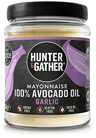 Hunter & Gather Garlic Avocado Oil Mayonnaise 250g | Seed Oil Free I Made with Pure Avocado Oil & British Free Range Egg Yolk | Paleo, Keto, Sugar and Gluten Free Avocado Mayo