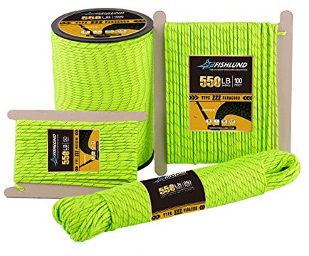 FISHLUND Reflective Paracord 550 lb, 7 Strand Type III Paracord Rope 50ft 4mm, Nylon Parachute Cord for Camping, Neon Green