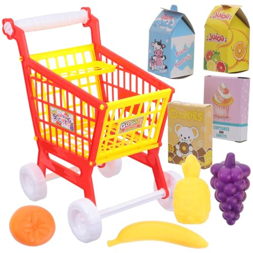 Kids Early Education Play Cart Toy Set - Mini Fun Grocery Shopping Cart with Fake Fruits and Vegetables for Toddlers (Red)
