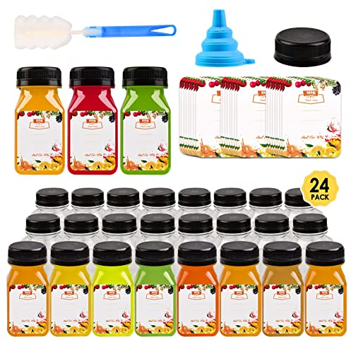 24pcs 4oz Mini Plastic Juice Bottles with Label, Funnel and Brush, Small Clear Shot Bottles with Lids for Juicing & Smoothies, Reusable Beverage Drink Containers for Mini Fridge, Milk, Water