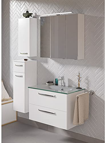 Lomadox Badmöbelset Badezimmer mit Waschtisch Glas Waschbecken Spiegelschrank Unterschrank Hängeschrank in weiß Glanz, B/H/T: ca. 122/200/50 cm