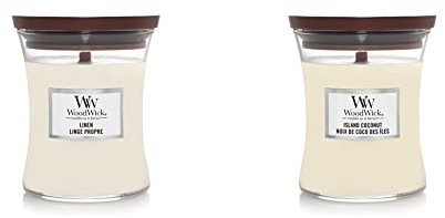 Woodwick Linen Medium Jar Candle White & Medium Hourglass Scented Candle, Island Coconut, with Crackling Wick, Burn Time: Up to 60 Hours, Island Coconut