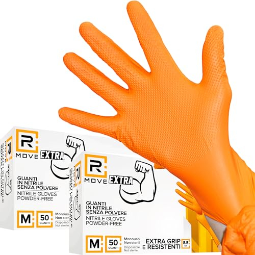 R MOVE 50+50 Guanti in nitrile Diamond 8,5 gr. +140% di SPESSORE in più del 3,5 gr Guanti da lavoro antiscivolo, Grip su tutto il palmo per una perfetta presa (M (8), Arancione)