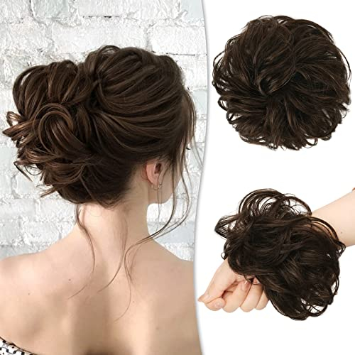 RUWISS Unordentlicher Haarteil 100% Echthaar Rose Dutt für Frauen Echthaar Scrunchies Hochsteckfrisur Haarteile Gelockt Bun Verlängerung (Dunkelbraun mit 15% dunklem Kakaoblond)