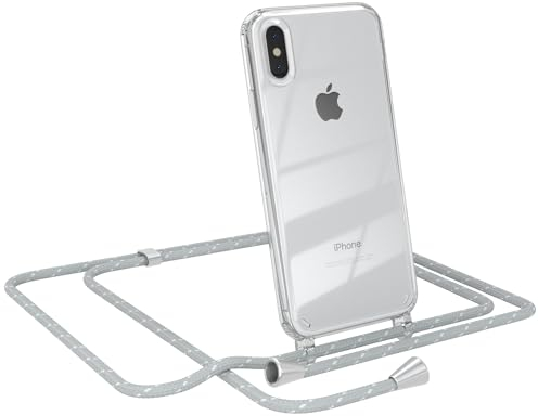 EAZY CASE - Handy Chain - kompatibel mit iPhone XS Max, Handykette Tasche transparent, Stoßfeste Soft Silikon TPU, Stylische Kette mit Hülle für Smartphone, Grau/Weiß mit Verschlüssen in Silber