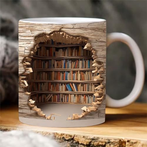 Texsource 3D Bookshelf Coffee Mug - 11oz Hole in A Wall, Library Shelf Cup, Creative Space Design Multi-Purpose, Book Lovers Gift (I)