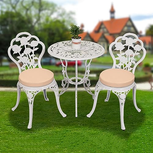 3-teiliges Outdoor-Bistrotisch-Set, Terrassen-Bistro-Set aus Aluminiumguss, 2-teiliger Terrassentisch und Stühle mit Loch für den Sonnenschirm, Balkonrose + Kissen