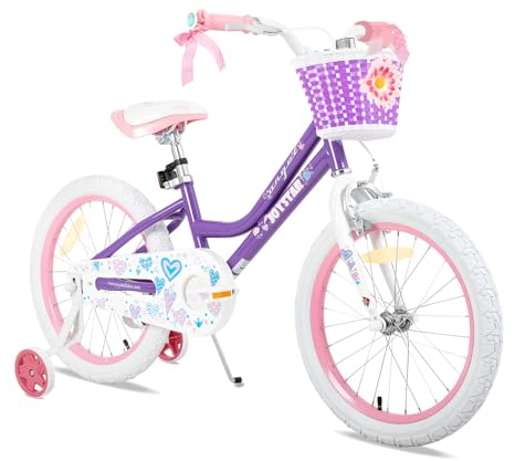JOYSTAR 18 Zoll Kinderfahrrad für 5 6 7 Jahre alte Mädchen, 18 Zoll Mädchenfahrrad mit Stützrädern und Korb, Violett