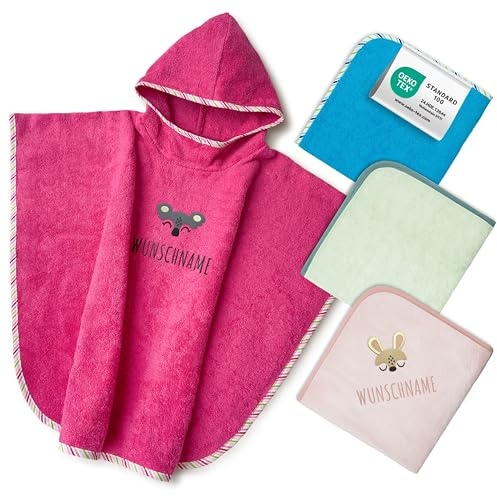 Badeponcho Kinder mit Namen Bestickt, Oeko-TEX® Standard 100 - Personalisiertes Kapuzenhandtuch aus Reiner Baumwolle mit gesticktem Namen und Motiv (Pink)