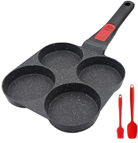 Bobikuke Egg Pan with Detachable Handle, Non Stick 4 Cup Pancake Pan Induction Burger Pan Egg Frying Pan for Breakfast - Black