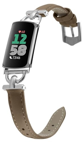 KoGiio Leder Armband Kompatibel mit Fitbit Charge 6 / Fitbit Charge 5, Damen Frauen Armbänder Uhrenarmband für Fitbit Charge 6 / Fitbit Charge 5, D-förmiger Metallschließe - Hellbraun