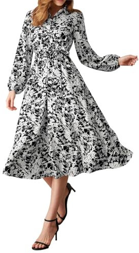 GRACE KARIN Women's Casual A Line Dress Autumn Lantern Sleeves High Waist Midi Dress Floral Dress with Belt White-Black Flowers M