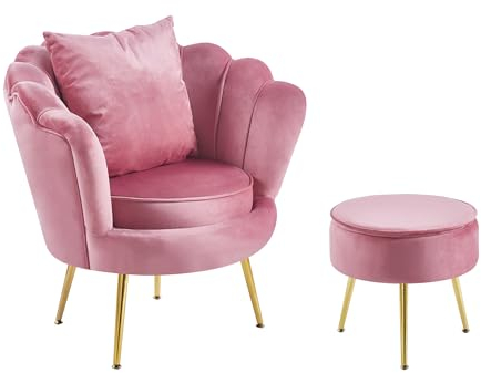 Poltrona Camera da Letto e Salotto in Velluto con Poggiapiedi Contenitore Poltroncina Conchiglia con Gambe in Metallo Placcato Oro Design Moderno, Seduta Morbida con Cuscino - Rosa Cipria