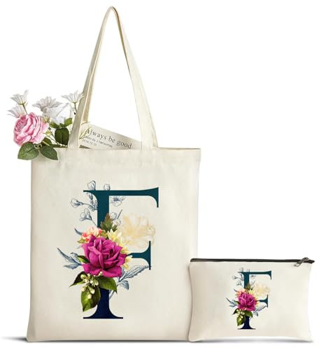 Personalisiert Initialen Tragetasche Canvas mit Innentasche, Kosmetiktasche mit Reißver, Baumwolltasche, Einkaufsbeutel Tote Bag, Geburtstag Weihnachten Geschenk für Frau Freundin Mama Brautjungfer F