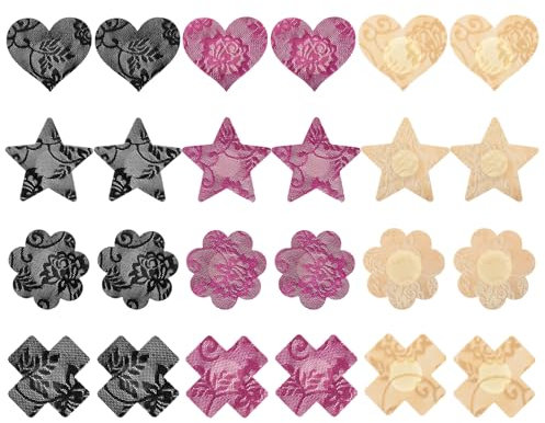 COMNICO Lot de 24 cache-tétons jetables à paillettes autocollants invisibles en forme de pétales, cœur, étoiles, soutien-gorge pour femme, Noir, couleur peau, violet, taille unique
