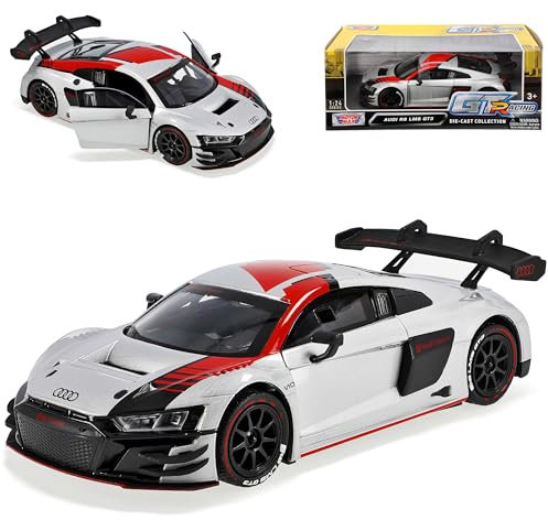 Motormax A*u*d*i R8 4S LSM GT3 Silber mit Rot Coupe 2. Generation 2015-2024 1/24 Modell Auto mit individiuellem Wunschkennzeichen